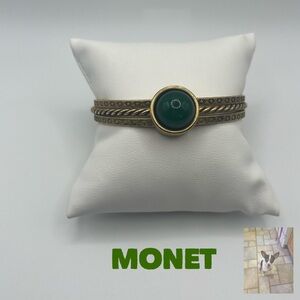 Vintage Monet Gold Tone 3 Band Bangle Bracelet With Green Cabochon
